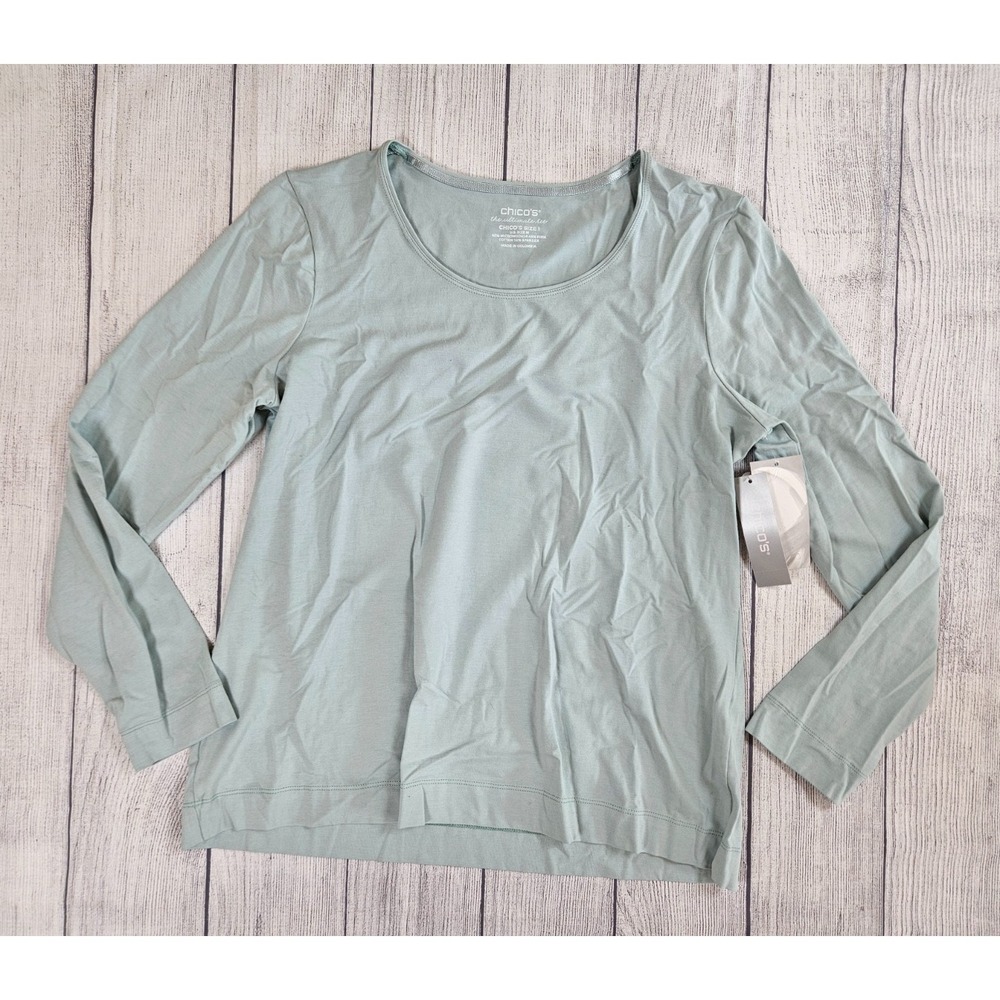 NWT Chico's Ultimate Tee Women's Medium Sage Green Long Sleeve‎ Scoop Neck Top